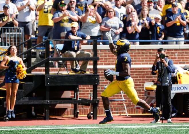 Michigan Wolverines football freshman running back Donovan Edwards scored two touchdowns against Northern Illinois.