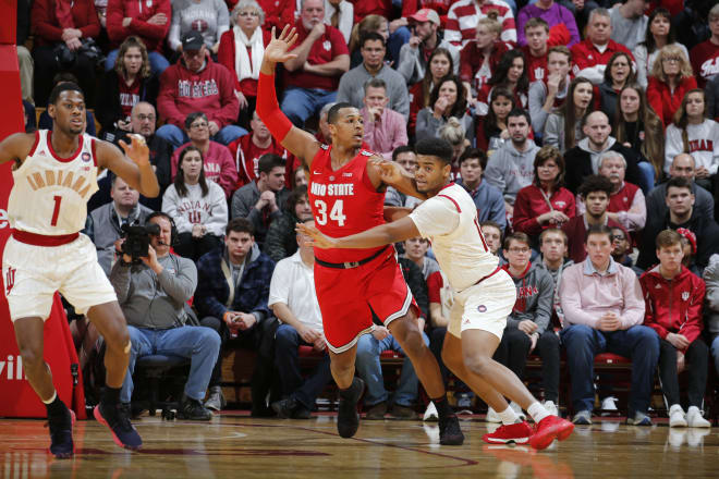 Indiana forward Juwan Morgan (right) pressures Ohio State forward Kaleb Wesson (34) during the first half at Assembly Hall on Feb. 10. Wesson finished with 10 points and 4 rebounds in 30 minutes in the Buckeyes' 55-52 win over the Hoosiers.  