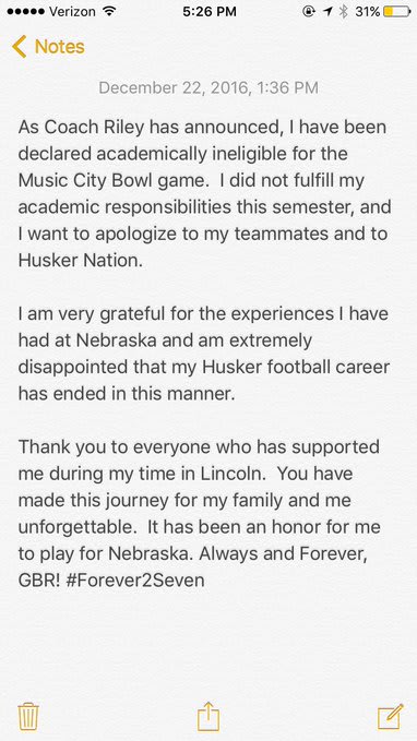Nate Gerry made this statement on Thursday after being announced ineligible for the bowl game by head coach Mike Riley. 