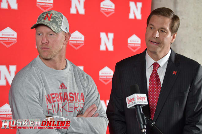 Nebraska head coach Scott Frost (left) and athletic director Trev Alberts briefly addressed the current NCAA investigation into the Huskers' program on Wednesday.