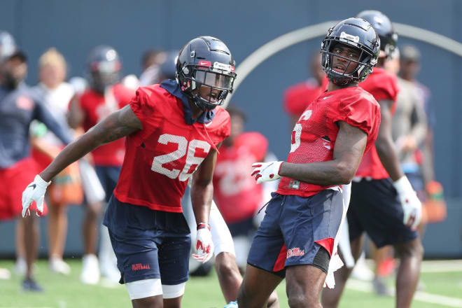 Ole Miss' Otis Reese (26) celebrates a play during Monday's practice. The Rebels face Louisville Sept. 6 in Atlanta. 