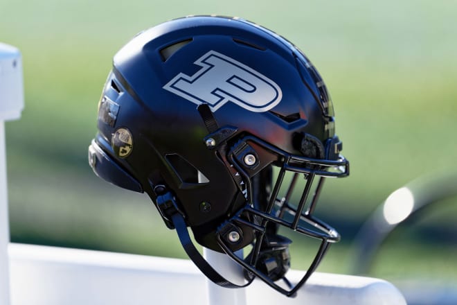 Nov 18, 2023; Evanston, Illinois, USA; A detail view of a Purdue Boilermakers helmet on the sideline during a game against the Northwestern Wildcats at Ryan Field. Mandatory Credit: Jamie Sabau-USA TODAY Sports