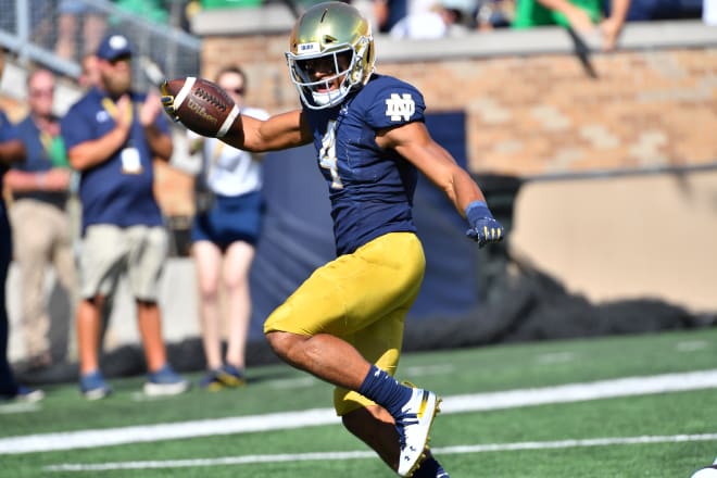 Avery Davis scoring the first touchdown of his Notre Dame career against New Mexico.