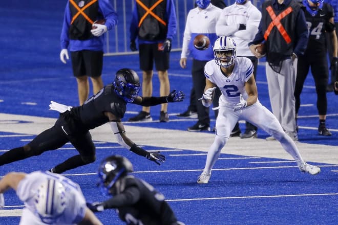 BYU wide receiver Neil Pau'u (2) waits for a pass during the first half of the team's NCAA college football game against Boise State on Friday, Nov. 6, 2020, in Boise, Idaho. (AP Photo/Steve Conner)