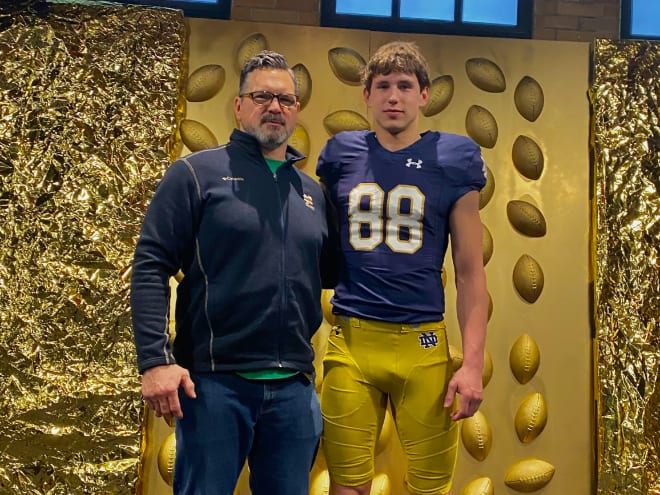 Tight end recruit James Flanigan, right, visited Notre Dame with his father Jim Flanigan, a former Irish defensive lineman.