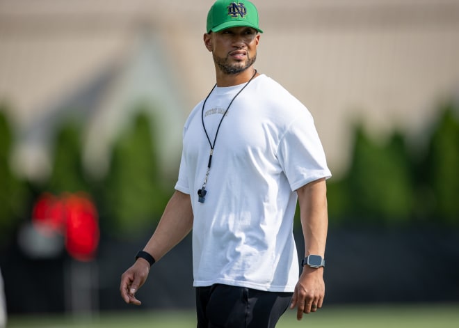 Notre Dame head coach Marcus Freeman presides over the first day of preseason camp, Wednesday at the Irish Athletics Center.