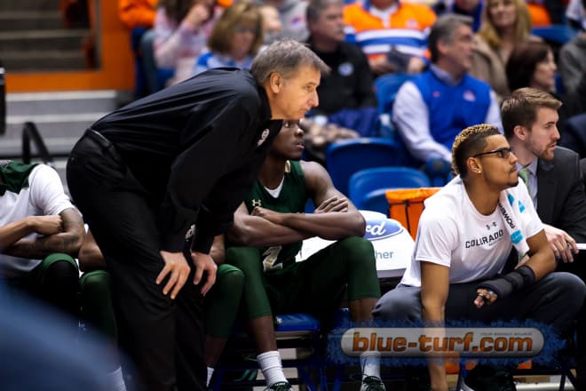 Colorado State head coach Larry Eustachy watches intently during first half play against the Broncos Saturday evening in Taco Bell Arena. His Rams fought back from a 16 point deficit to push the Boise State to the end.