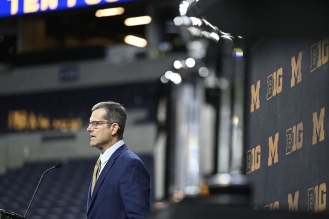 Michigan football coach Jim Harbaugh speaks at Big Ten Media Days Credit: Big Ten Conference