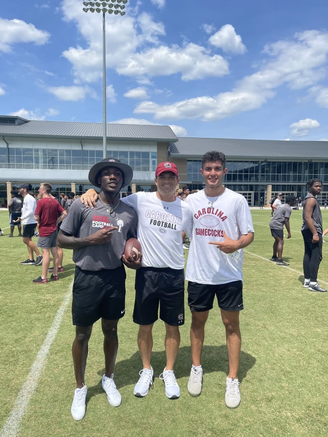 2024 WR Mazeo Bennett and 2024 QB Dante Reno pose with Coach Beamer at last week's camp.