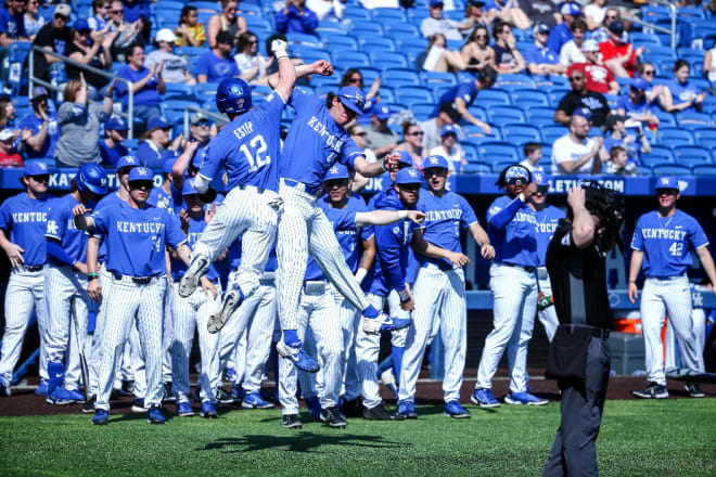 The Cats celebrate with Chase Estep (12) after his home run helped lift Kentucky to a 5-1 win over TCU in Game 2 of the weekend series on Saturday at Kentucky Proud Park. (UK Athletics Photo by Sarah Caputi)