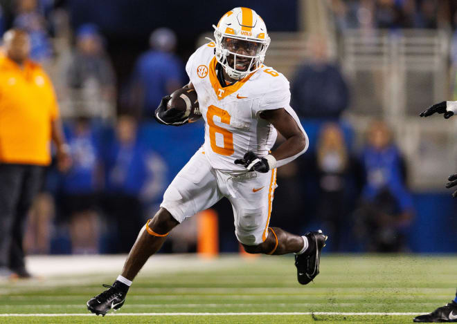 Oct 28, 2023; Lexington, Kentucky, USA; Tennessee Volunteers running back Dylan Sampson (6) carries the ball during the fourth quarter against the Kentucky Wildcats at Kroger Field.