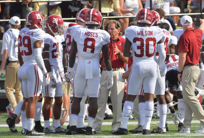 labama Crimson Tide head coach Nick Saban talks with defensive back Minkah Fitzpatrick (29), linebacker Dylan Moses (8) and linebacker Mack Wilson (30) on the sidelines in the first half against the Vanderbilt Commodores at Vanderbilt Stadium. Photo | USA Today