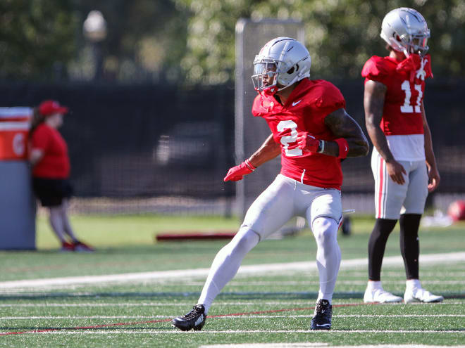 Emeka Egbuka runs through a drill during Ohio State's seventh camp practice. (DTE)