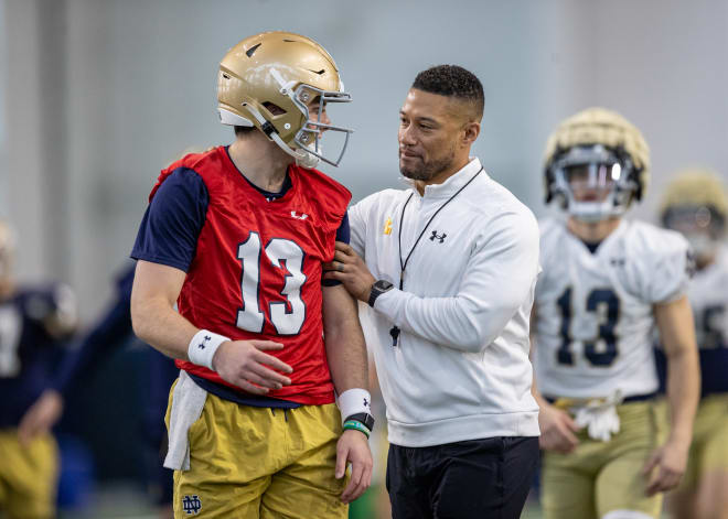 Notre Dame head coach Marcus Freeman remains steadfast in his belief in senior Riley Leonard (13) as his No. 1 QB option.