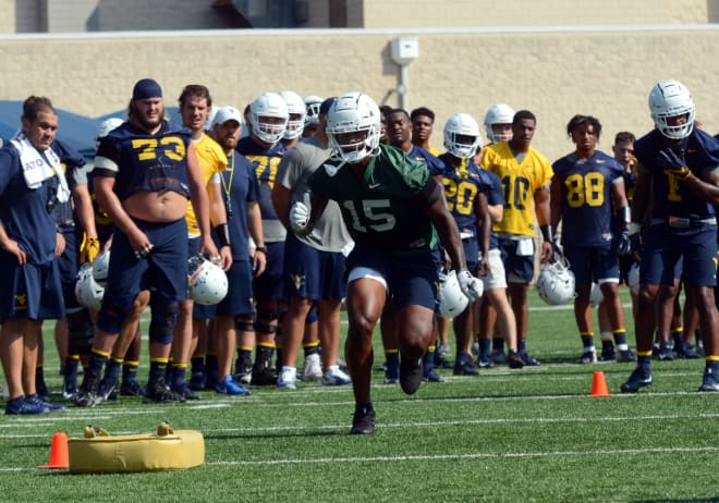 The West Virginia Mountaineers football team practiced in full pads Tuesday. 