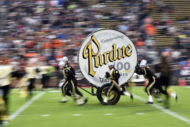 Sep 4, 2021; West Lafayette, Indiana, USA; The Purdue Big Bass Drum is pulled onto the field before the game between the Purdue Boilermakers and the Oregon State Beavers at Ross-Ade Stadium. Mandatory Credit: Marc Lebryk-USA TODAY Sports