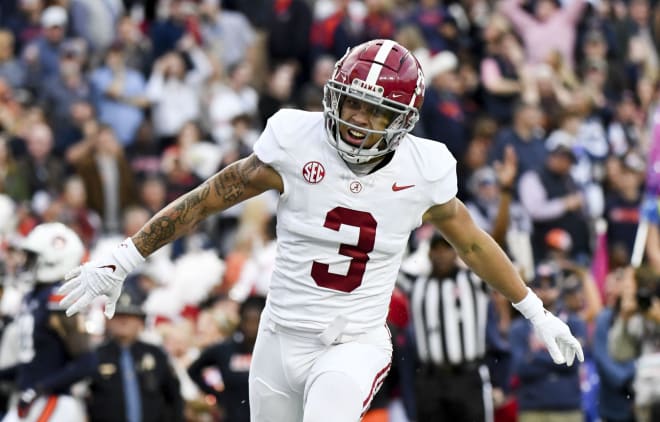 Alabama Crimson Tide wide receiver Jermaine Burton (3) celebrates his touchdown against Auburn at Jordan-Hare Stadium. Photo | Gary Cosby Jr.-USA TODAY Sports