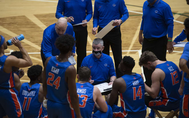 Boise State head coach, Leon Rice talks to the team during a timeout in Wednesday nights loss to Colorado State.