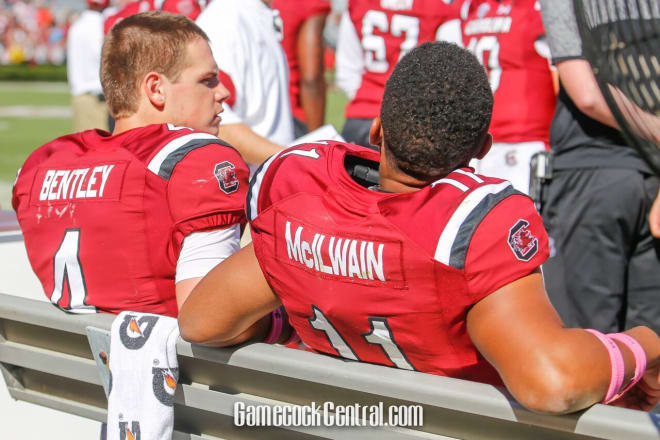Jake Bentley and Brandon McIlwain on the bench during Saturday's game vs. UMass 