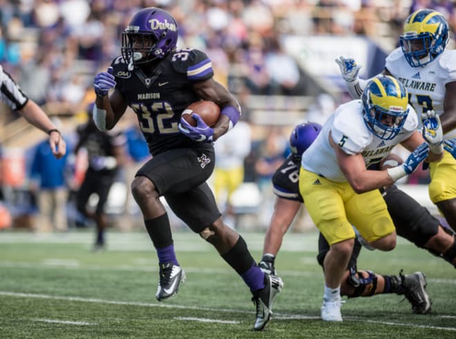 James Madison running back Khalid Abdullah (shown in October) signed with the New York Giants.