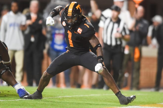 Tennessee's Trevon Flowers celebrates after a tackle against Kentucky. 