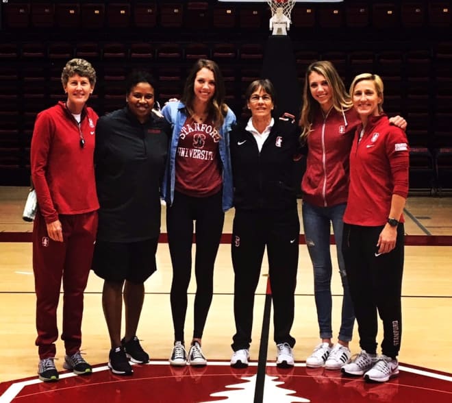 From left, Stanford assistant coaches Amy Tucker and Tempie Brown, Lacie Hull, head coach Tara VanDerveer, Lexie Hull and assistant coach Kate Paye.