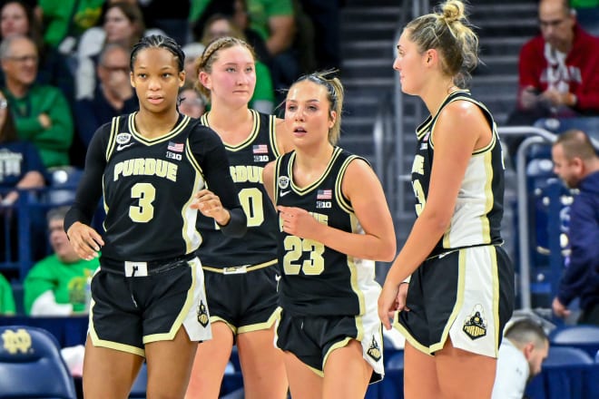 Dec 17, 2023; South Bend, Indiana, USA; Purdue Boilermakers forward Jayla Smith (3) forward Mary Ashley Stevenson (20) guard Abbey Ellis (23) and guard Madison Leyden (33) pause in the first half against the Notre Dame Fighting Irish at the Purcell Pavilion. Mandatory Credit: Matt Cashore-USA TODAY Sports