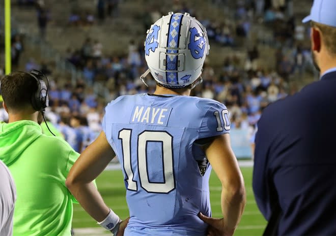 UNC quarterback Drake Maye looks on as the end of Saturday's loss to Virginia comes to a close.