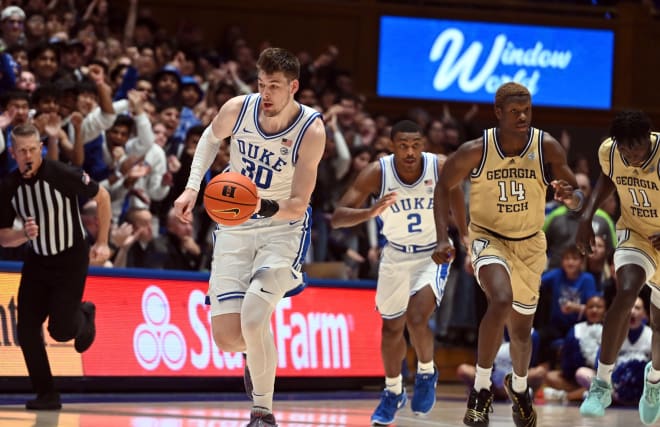 Duke's Kyle Filipowski brings the ball up the court against Georgia Tech on Saturday. 