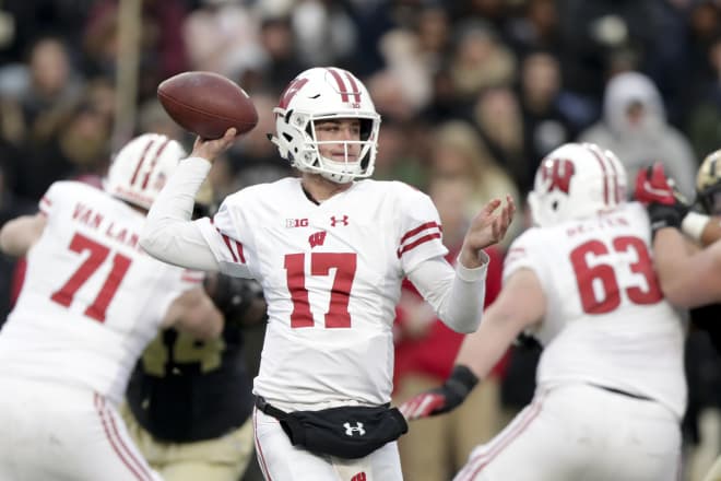 Notre Dame Fighting irish football graduate transfer quarterback Jack Coan during his time at Wisconsin