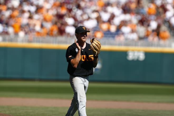 Aaron Combs during Tennessee’s game two win of the 2024 CWS finals.