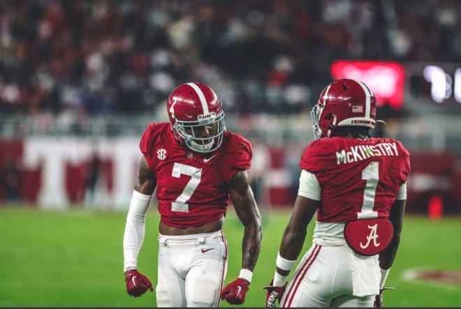 Eli Ricks (7) and Kool-Aid McKinstry (1) celebrate an incompletion during Alabama's 30-6 win against Mississippi State on Saturday. Photo | Alabama Athletics
