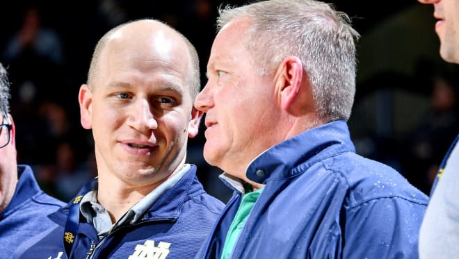 Notre Dame Fighting Irish defensive coordinator Clark Lea with head coach Brian Kelly