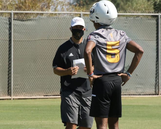 ASU OC Zak Hill and QB Jayden Daniels at Saturday's practice (Sun Devil Athletics Photo)