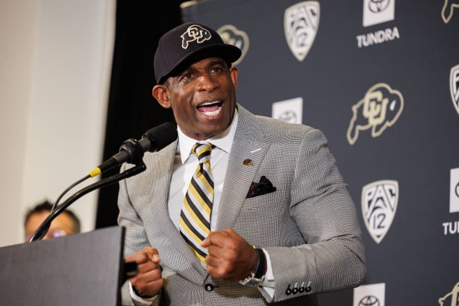New Colorado football coach Deion Sanders at his introductory press conference Sunday.