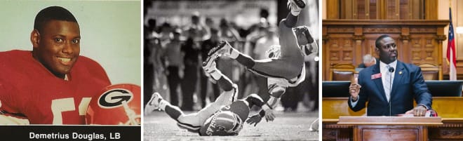 DEMETRIUS DOUGLAS with a head-over-heels tackle of Emmitt Smith during the 1989 Georgia-Florida game (center); representing District 78, a member of the Georgia House of Representatives (right).