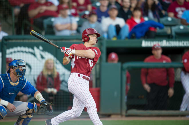 Arkansas Razorbacks outfielder Andrew Benintendi (16) on deck during the  NCAA College baseball World Series against the Miami Hurricanes on June 15,  2015 at TD Ameritrade Park in Omaha, Nebraska. Miami beat