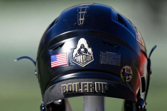 Nov 18, 2023; Evanston, Illinois, USA; A detail view of a Purdue Boilermakers helmet on the sideline during a game against the Northwestern Wildcats at Ryan Field. Mandatory Credit: Jamie Sabau-USA TODAY Sports