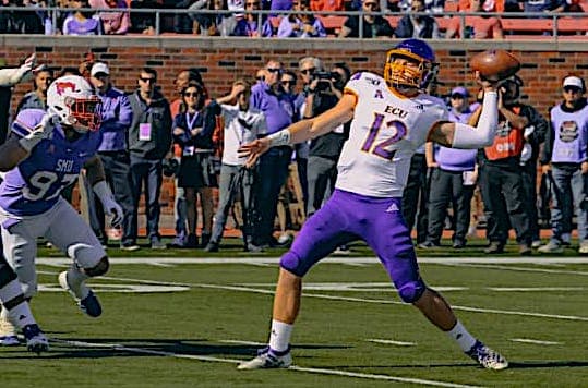 Quarterback Holton Ahlers loads up for one of his personal record  six touchdowns on the day in a 59-51 loss at (25)SMU.