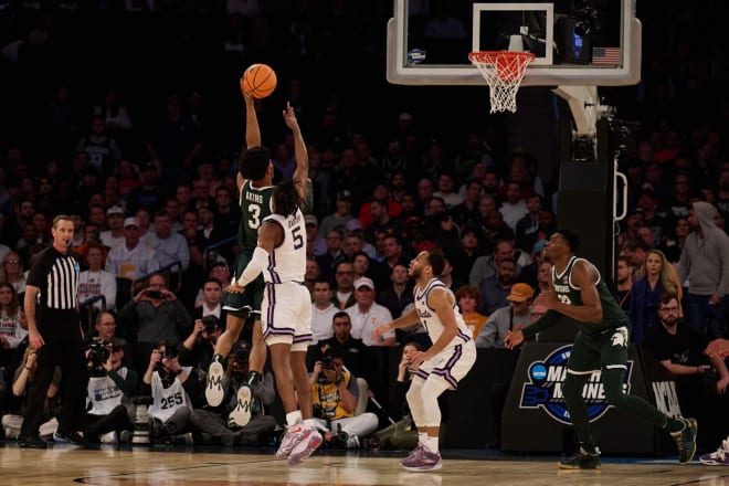 Michigan State's Jaden Akins shoots the ball over Kansas State's Cam Carter during the Sweet 16 at Madison Square Garden on March 23, 2023