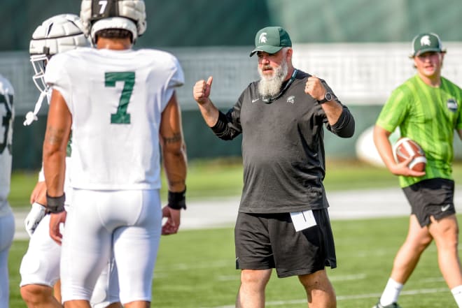 Michigan State defensive coordinator Scottie Hazelton coaches on Aug. 9, 2023. 