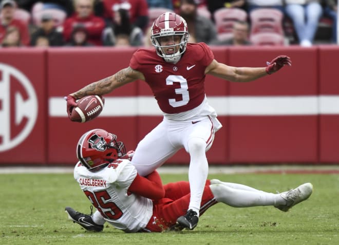 Austin Peay defensive back Ethan Caselberry (35) makes a tackle on Alabama wide receiver Jermaine Burton (3) at Bryant-Denny Stadium. Photo | Gary Cosby Jr.-USA TODAY Sports