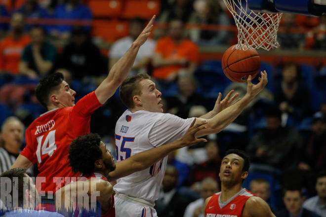 Boise State's James Reid goes to the hoop for a basket. 