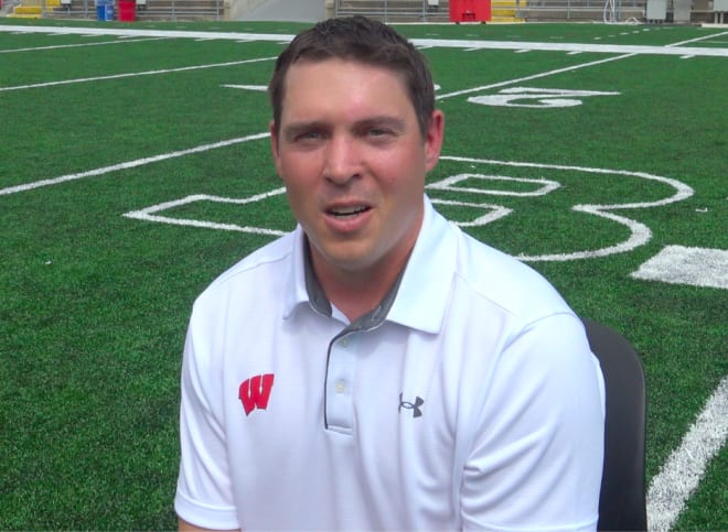 Defensive coordinator Jim Leonhard talking to reporters during Wisconsin's media day.