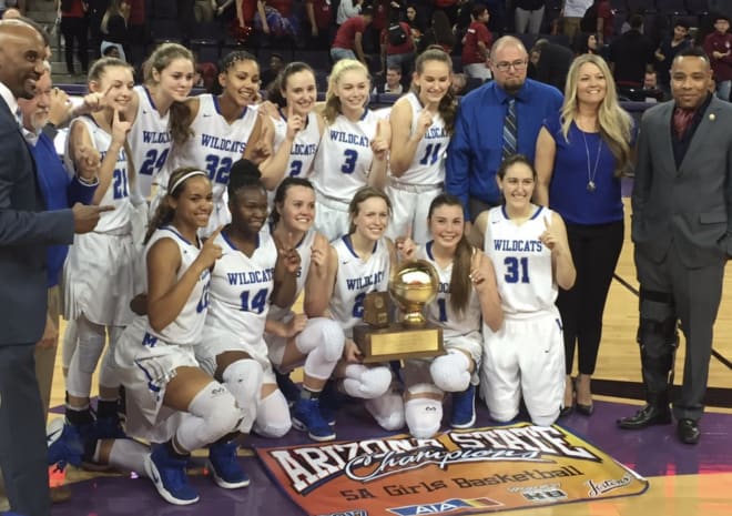 Mesquite's girls celebrate after beating Sierra Linda in the 5A State Championship