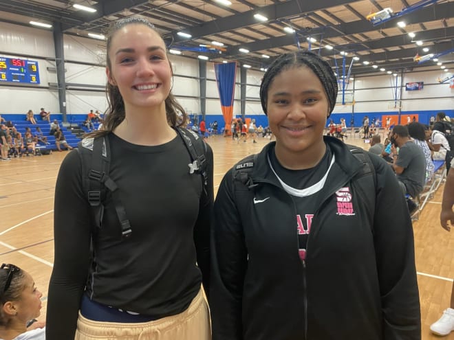 Charlotte (N.C.) Catholic junior center Blanca Thomas, left, and Sanford (N.C.) Grace Christian junior post player Sarah Strong played each other Sunday in Concord, N.C.