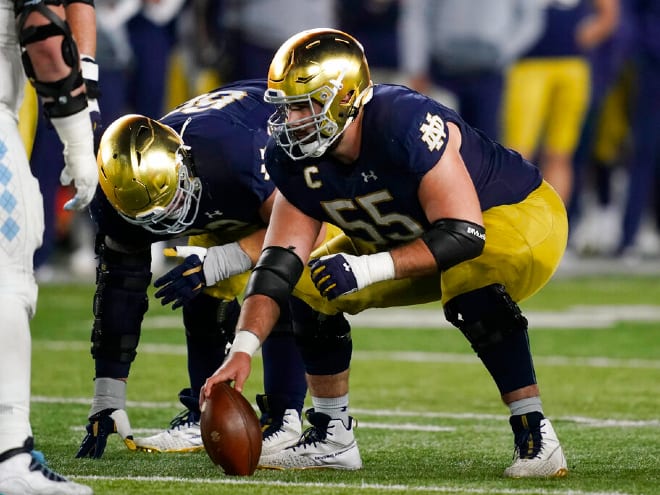 Notre Dame center Jarrett Patterson (55) announced he would return for one more season with the Irish.