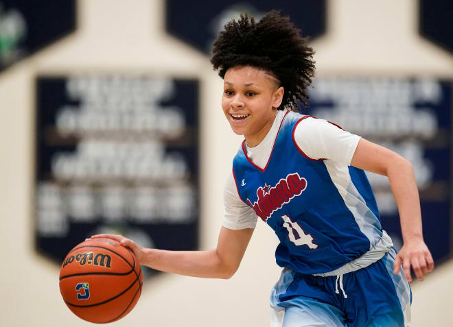 Junior All-Star Jordyn Poole (4) rushes up the court Wednesday, June 7, 2023, during the Indiana All-Stars vs. Juniors girls game at Cathedral High School in Indianapolis.