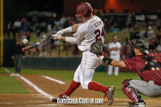 Alex Destino connects on a pitch in Tuesday night's game vs. CofC