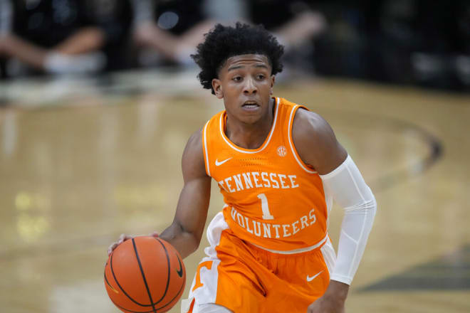 Tennessee guard Kennedy Chandler (1) in the first half of an NCAA college basketball game Saturday, Dec. 4, 2021, in Boulder, Colo. (AP Photo/David Zalubowski)